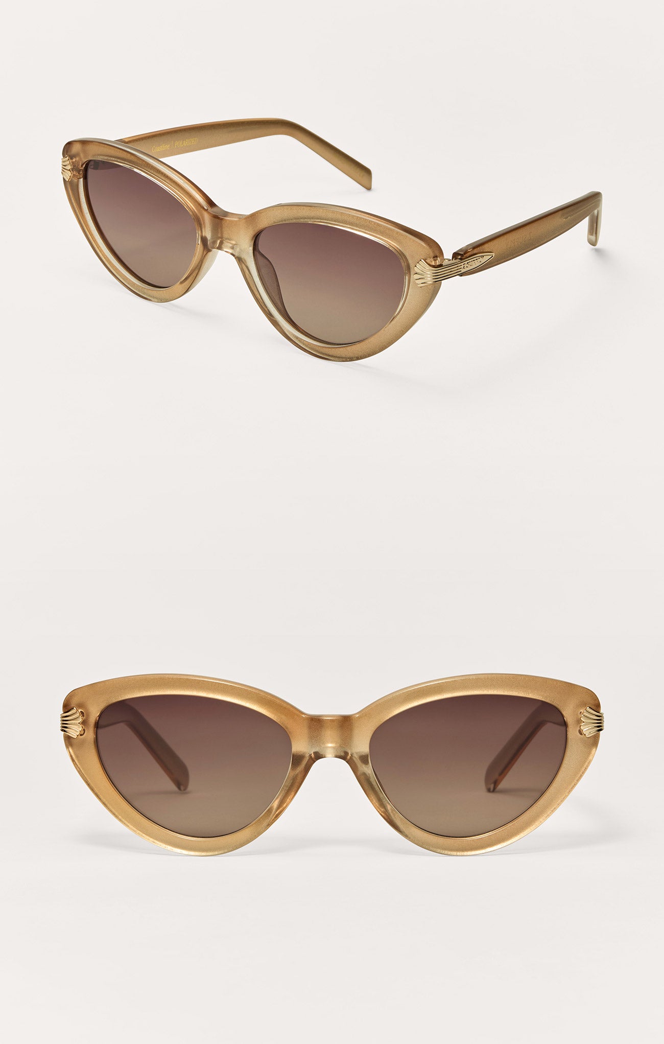 Cat-eye sunglasses with brown gradient lenses on a white background