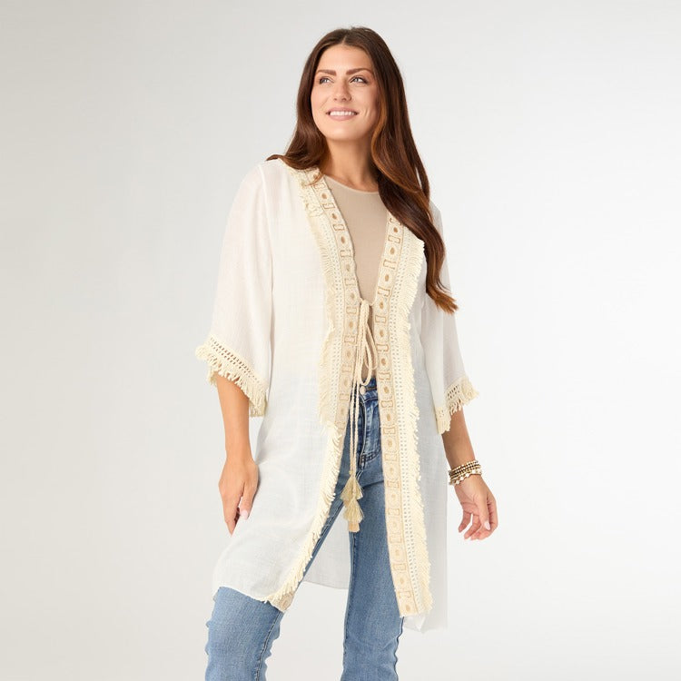 Ann Tie Cardigan with Decorative Border - White XS