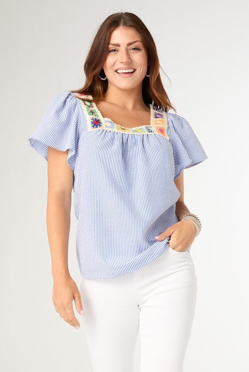 Amy Top with Crochet Trim - Blue/White XS