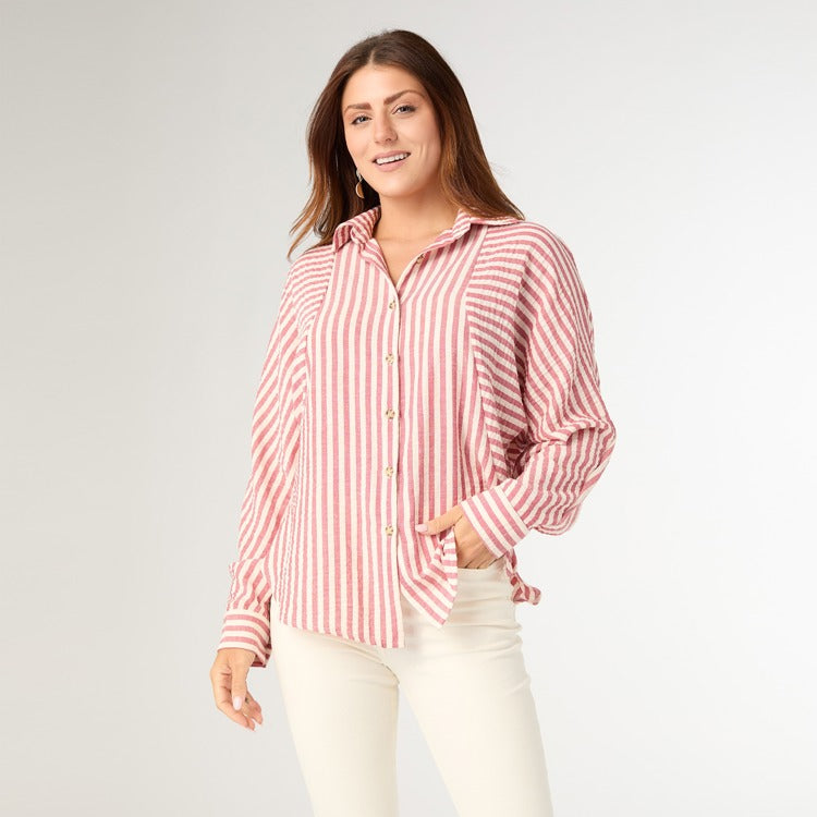 XS - Kathy Relaxed Fit Button Front Striped...