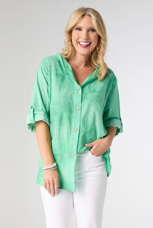 Shamrock Button Front Hooded Top - Green XS