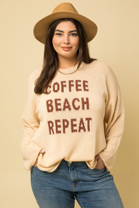 Curvy Sweater "Coffee, Beach, Repeat" is perfect for chilly summer nights