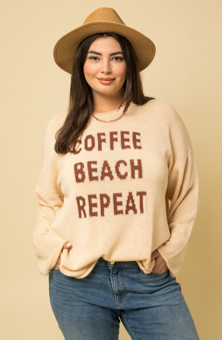 Curvy Sweater "Coffee, Beach, Repeat" is perfect for chilly summer nights