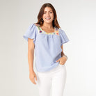 Amy Top with Crochet Trim - Blue/White XS