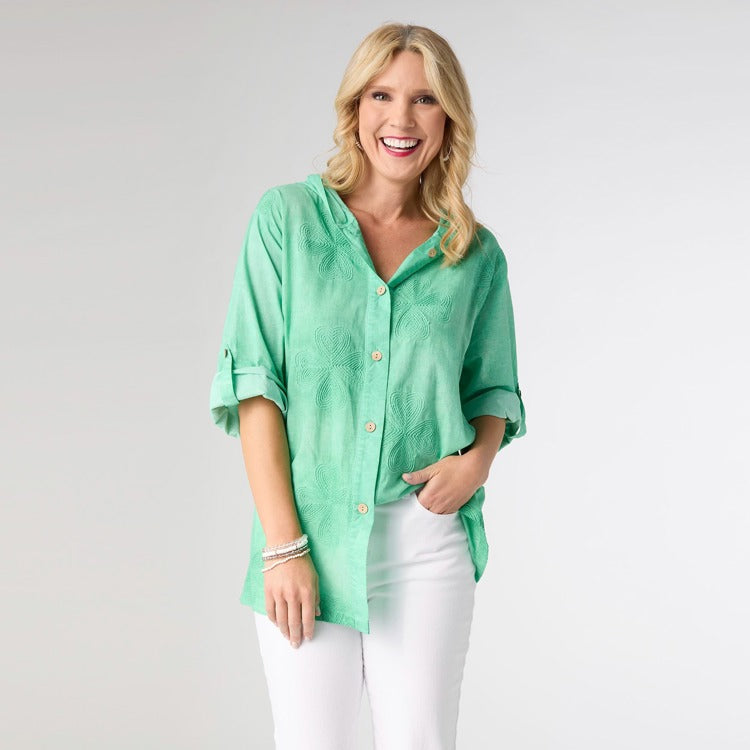 Shamrock Button Front Hooded Top - Green XS