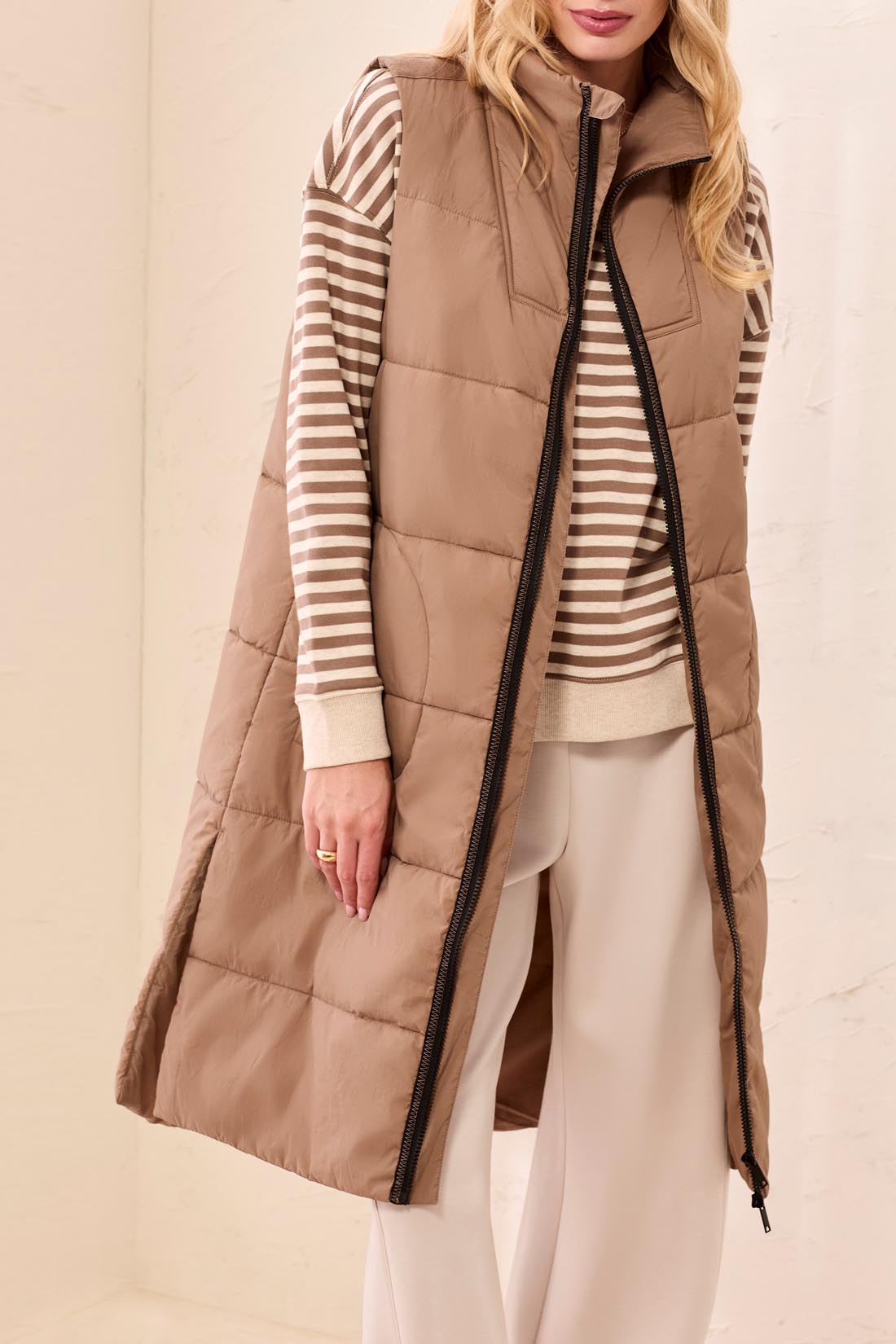 Long Zip-Front Quilted Vest
