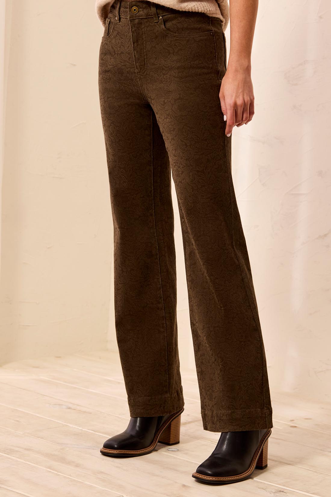Fly Front Pants with Embossed Fabric